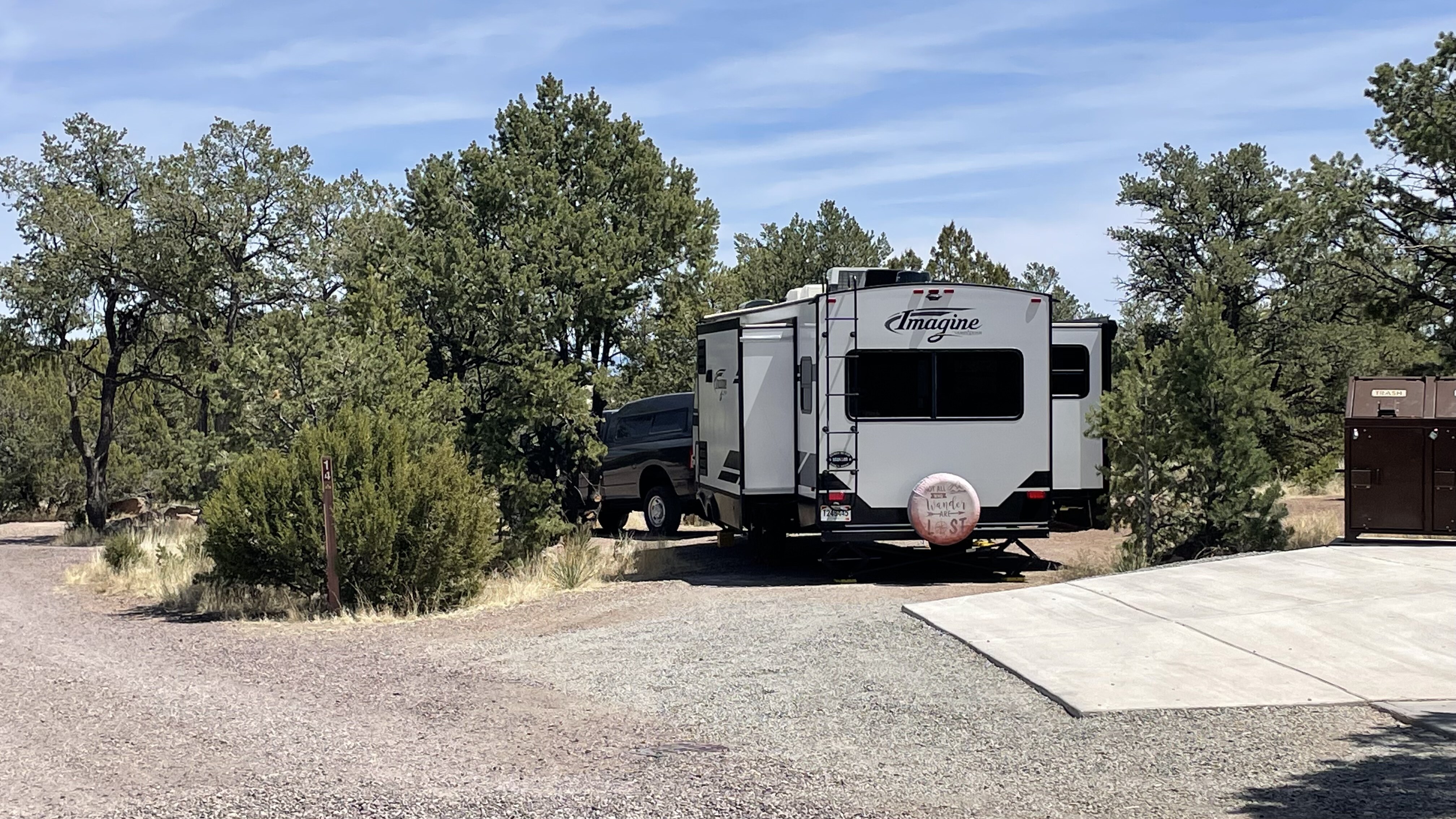 Rear view of our fifth wheel at Datil Campground, New Mexico